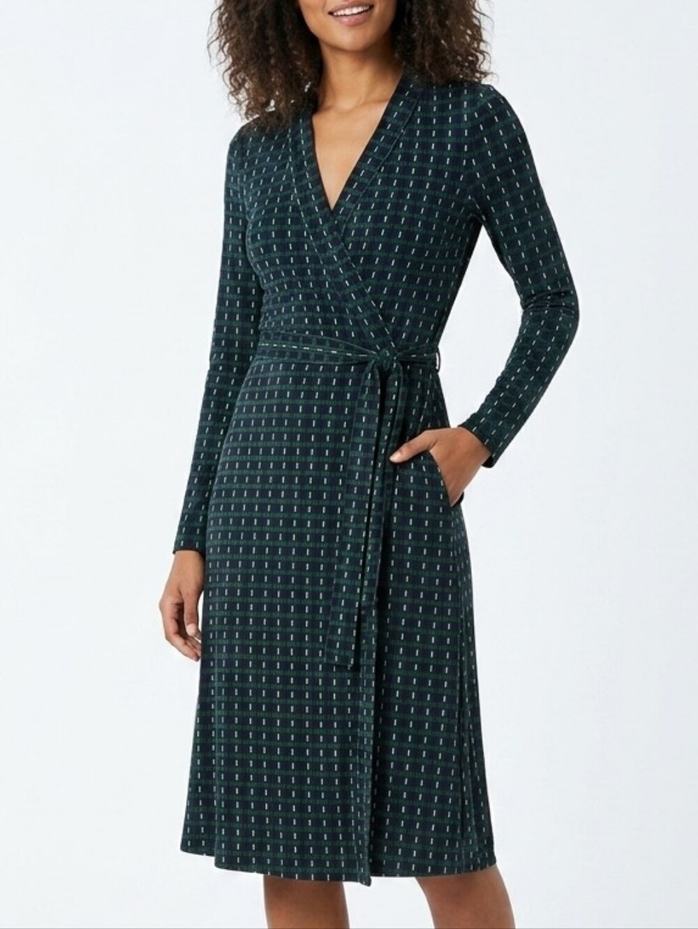 Diane von Furstenberg DVF Green & Navy Geometric Wrap Dress (Size 10)
